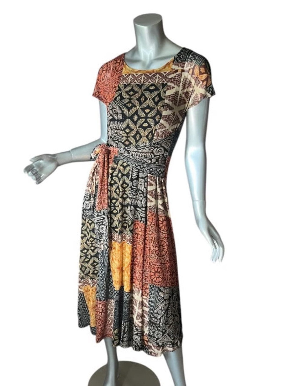 Robbie Bee Patchwork Midi Dress in Rust, Mustard and Black